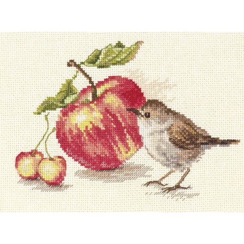 Cross Stitch Kit Bird and Apple Design, Alisa Aida 16 ct, 25 Colors, 17 × 11 cm, Needle and Instructions Included