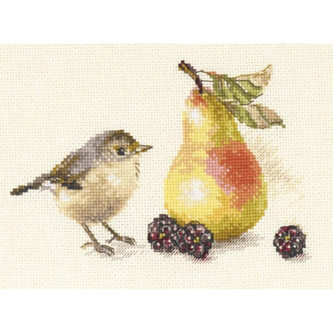 Cross Stitch Embroidery Kit, Bird and Pear Design, Alisa Aida 16 Canvas, 27-Color Thread, 17 x 11 cm