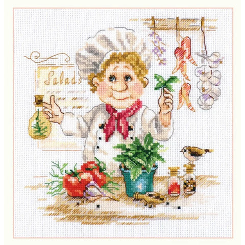 Cross Stitch Embroidery Kit with Chef Motif, Alisa Aida 14 Canvas, 25 Colors, 16 × 17 cm, Beginner-Friendly DIY Project