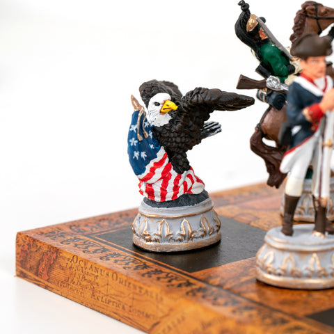 AMERICAN REVOLUTION: Handpainted Chess Set with Map Style Leatherette Chessboard