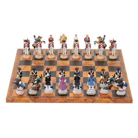 AMERICAN REVOLUTION: Handpainted Chess Set with Map Style Leatherette Chessboard