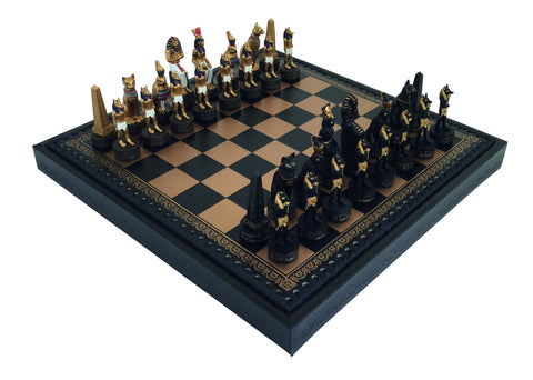 ANCIENT EGYPT: Chess Set with Beautiful Black Leatherette Chessboard + Box