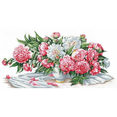 Cross Stitch Kit with Peony Bouquet, 16 Count Aida, 35-Color Cotton Floss, 50 × 25.5 cm, Andriana