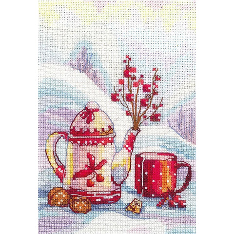 Cross Stitch Embroidery Kit Berry Tea Design, Complete Set with Aida Fabric, Cotton Floss, Needle and Pattern by Andriana