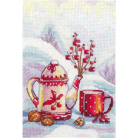 Cross Stitch Embroidery Kit Berry Tea Design, Complete Set with Aida Fabric, Cotton Floss, Needle and Pattern by Andriana