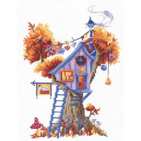 Cross Stitch Kit with Treehouse Motif, 16 Count White Aida, 13 x 18 cm, 22 Colors, Andriana