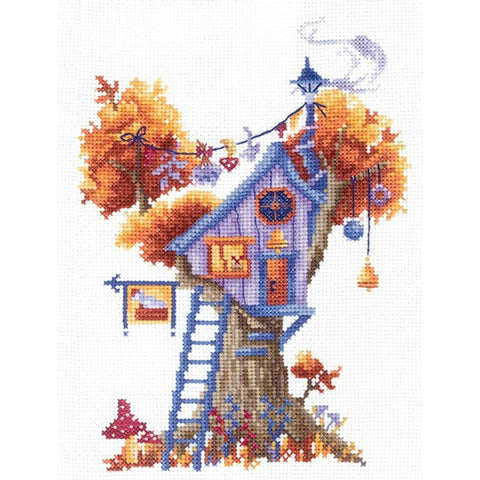 Cross Stitch Kit with Treehouse Motif, 16 Count White Aida, 13 x 18 cm, 22 Colors, Andriana