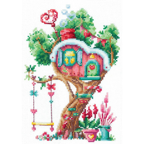 Cross Stitch Embroidery Kit, Tree Houses Design, White Aida 16, 30 Colors, 12 x 17.5 cm, Andriana