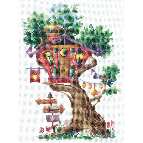 Andriana Cross Stitch Kit Houses in the Trees, Counted Embroidery Set, DIY Cottage Wall Decor