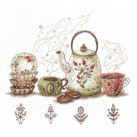 Cross Stitch Embroidery Kit with Tea-Themed Design, Andriana Tea Guardians Pattern, Canvas, Cotton Floss, Needle and Instructions