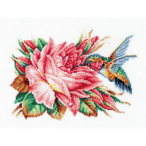 Cross Stitch Kit Hummingbird and Rose, Aida 16 White Fabric, 32 Colors, 21 × 14.5 cm, Andriana Starter Set