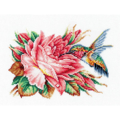 Cross Stitch Kit Hummingbird and Rose, Aida 16 White Fabric, 32 Colors, 21 × 14.5 cm, Andriana Starter Set