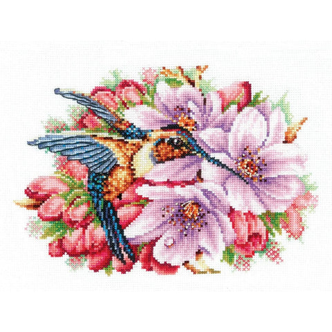 Cross Stitch Kit Hummingbird and Flowers, Aida 16 Count, 32 Thread Colors, 21 x 14.5 cm, Andriana