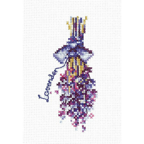 Cross Stitch Kit with Lavender Motif, 14 Count White Aida, Cotton Threads, 5 × 12.5 cm, Andriana DIY Embroidery Set