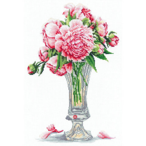 Peony Cross Stitch Kit, Aida 16 Count, 28 Colors, Cotton Floss, Floral Design, 19.5 x 29.5 cm, Andriana