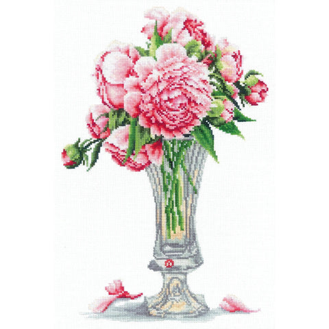Peony Cross Stitch Kit, Aida 16 Count, 28 Colors, Cotton Floss, Floral Design, 19.5 x 29.5 cm, Andriana