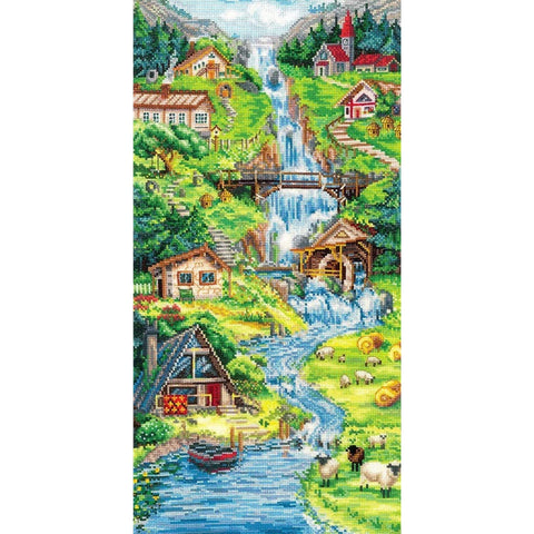 Cross Stitch Kit Alpine Foothills Landscape, Aida 16 Count, 27 Colors, 21×31 cm, Andriana, Multicolor DIY Embroidery Set