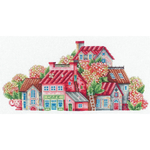 Hydrangea Cross Stitch Kit with White Aida 16 Fabric, 32 Colors, 29 x 14 cm, Andriana