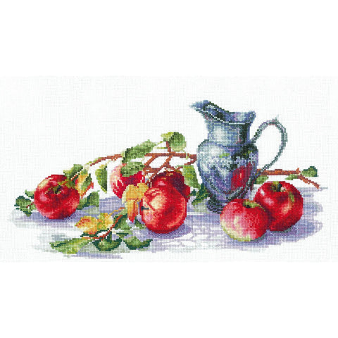 Cross Stitch Kit with Juicy Apple Motif for Beginners, Red and Green Design, Canvas, Threads, Needle, Chart and Instructions by Andriana