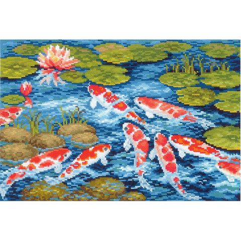 Koi Carp Counted Cross Stitch Kit, Multicolor Design, Aida Fabric, Cotton Threads, Needle, Pattern and Instructions, Andriana