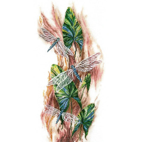 Cross Stitch Kit with Dancing Dragonflies, Aida 16 ct, 39-Color Cotton Threads, Complete Set by Andriana, 18.5 × 41 cm