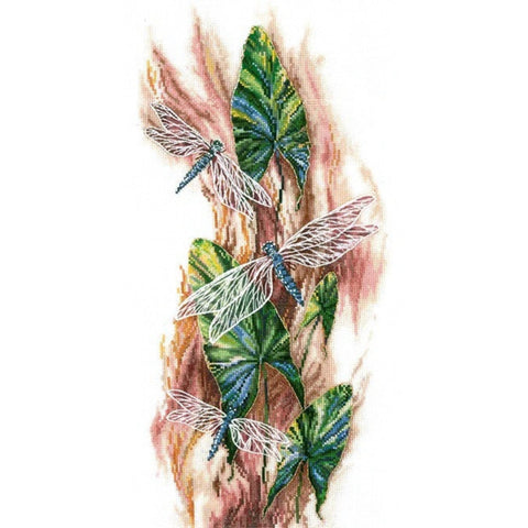 Cross Stitch Kit with Dancing Dragonflies, Aida 16 ct, 39-Color Cotton Threads, Complete Set by Andriana, 18.5 × 41 cm