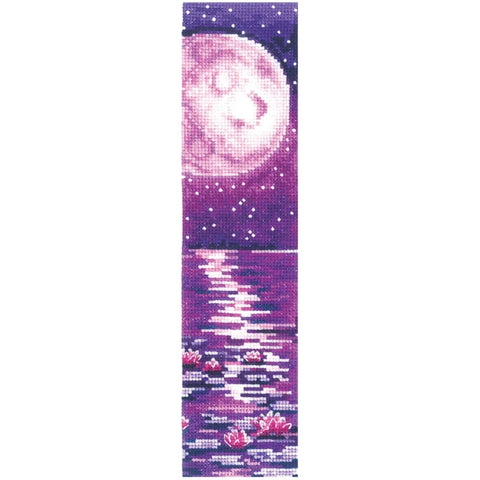 Counted Cross Stitch Bookmark Kit, Purple Moon Design, White Aida 16 ct, 21-Color Cotton Threads, Needle Included, Andriana