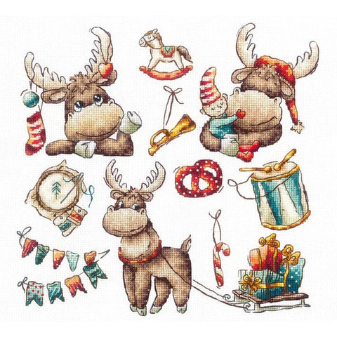 Christmas Reindeer Cross Stitch Kit, Aida 16 ct, 27 Cotton Thread Colors, 21 × 21 cm, Andriana