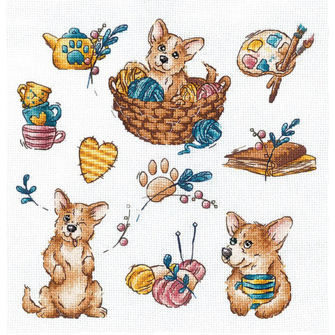Corgi Cross Stitch Kit with Aida 16 Count Fabric, 31 Cotton Thread Colors, 21×21 cm Finished Size, Andriana