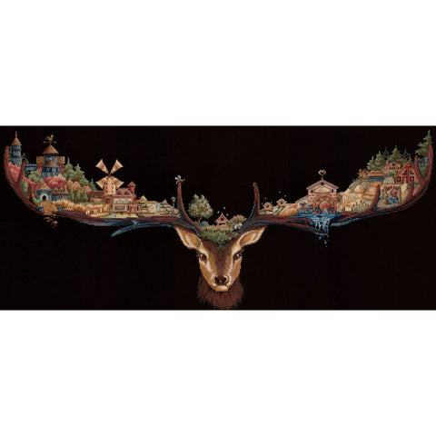 Deer Landscape Cross Stitch Kit, Black Aida 16 ct, 74×30 cm, 32-Color Gamma Cotton Threads, Andriana