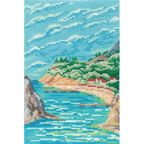 Cross Stitch Embroidery Kit with Coastal Seaside Motif, Aida Canvas, Cotton Threads, Needle and Color Pattern by Andriana