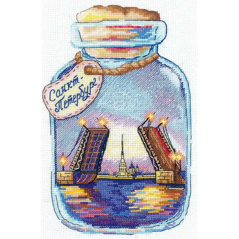 St. Petersburg Cross Stitch Kit, Cities in Bottles Design, Aida Cotton Canvas, Multicolor Embroidery, Andriana