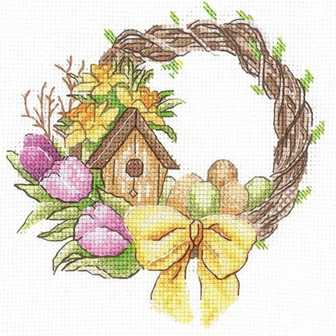 Spring Wreath Cross Stitch Kit with Aida Fabric, Cotton Floss, Needle and Lithuanian Instructions by Andriana