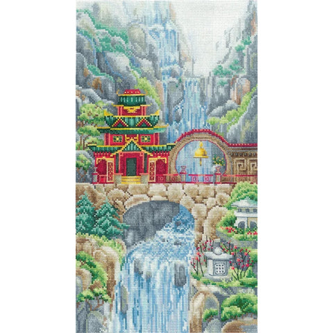Waterfall Temple Cross Stitch Kit, Landscape Embroidery Set with Aida Canvas, Cotton Threads, Needle and Instructions by Andriana