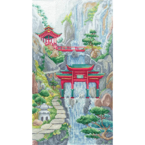 Cross Stitch Embroidery Kit, Waterfall Gate Landscape, Andriana, Aida Canvas, Threads, Needle and Color Pattern