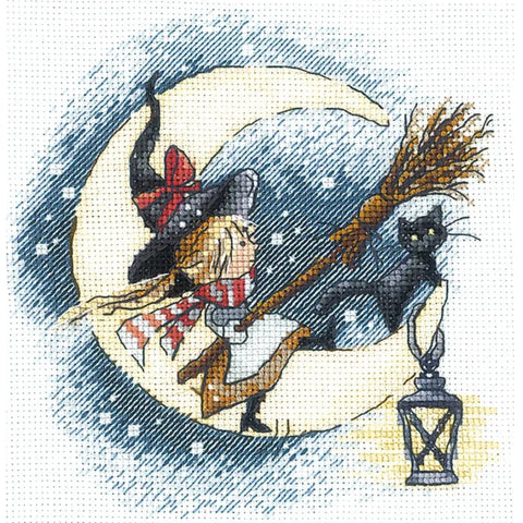 Moon and Night Cross Stitch Kit, Andriana Embroidery Set with Aida Fabric, Cotton Threads, Needle and Pattern, Beginner Friendly