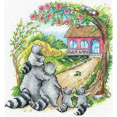 Raccoon Cross Stitch Kit, Housewarming Motif, Aida Canvas, Cotton Threads, Beginner-Friendly Embroidery Set by Andriana