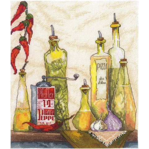Cross Stitch Kit “Spice Oil” Kitchen Decor, Aida Fabric, Cotton Threads, Needle, Color Chart and Instructions by Andriana