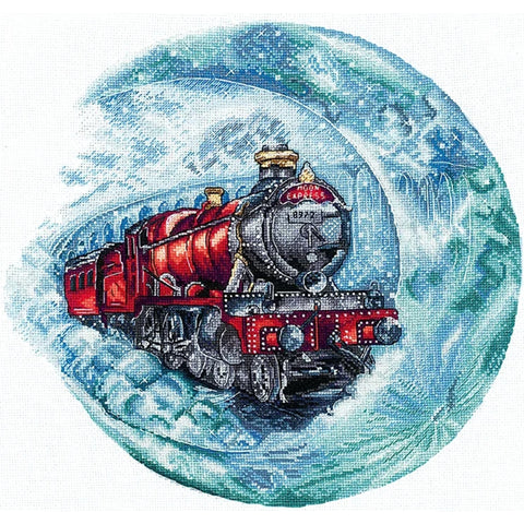 Moon Train Cross Stitch Kit, Night Landscape with White Cotton Aida Canvas, Cotton Threads, Pattern, Needle and Instructions