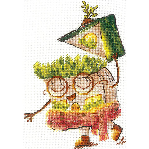 Cross Stitch Kit with House and Gardener Motif, Aida Fabric, Cotton Threads, Color Chart, Andriana Home Decor Craft Set