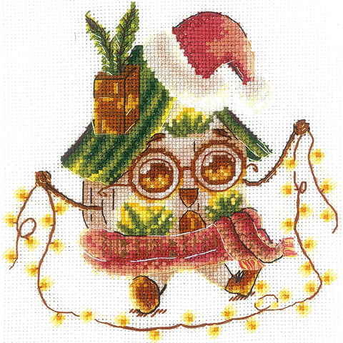 Cross Stitch Embroidery Kit with House in Evening Light, Pattern, Fabric, Threads, Needle and Instructions by Andriana