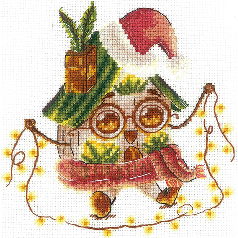 Cross Stitch Embroidery Kit with House in Evening Light, Pattern, Fabric, Threads, Needle and Instructions by Andriana