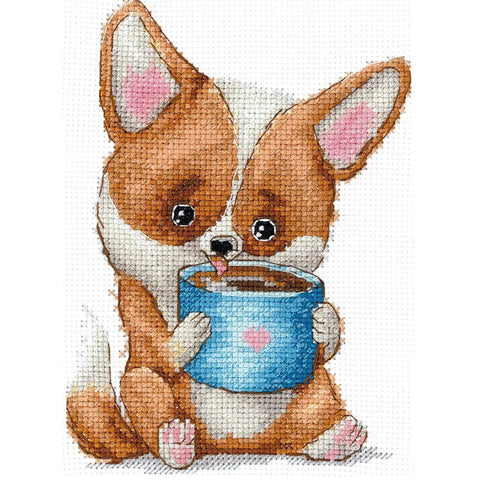 Corgi and Coffee Cross Stitch Kit, Beginner-Friendly Embroidery Set by Andriana, Canvas, Cotton Threads, Needle and Pattern