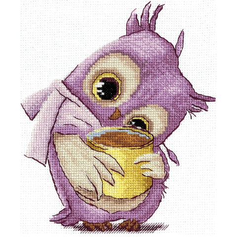 Owl and Coffee Cross Stitch Kit, Aida Fabric, Cotton Threads, Needle and Color Chart by Andriana