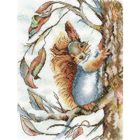 Squirrel Cross Stitch Kit with Aida Canvas, Cotton Floss, Needle and Color Chart, Andriana, Autumn Nature Design, Beginner Friendly