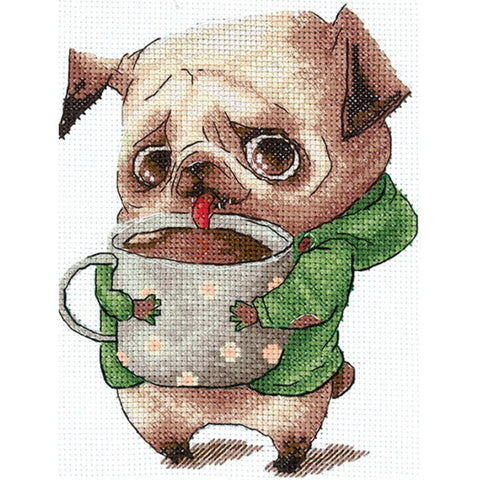 Cross Stitch Kit with Pug and Coffee Lovers Design, Beginner-Friendly Pattern, Canvas, Threads, Needle and Instructions by Andriana