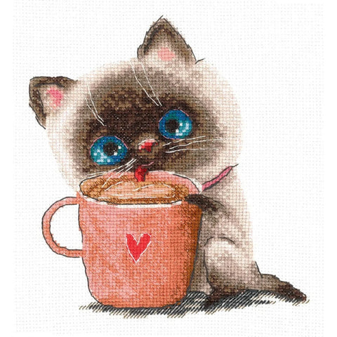 Coffee and Cat Cross Stitch Embroidery Kit, Beginner-Friendly Pattern, Aida Fabric, Threads, Needle & Instructions, Andriana
