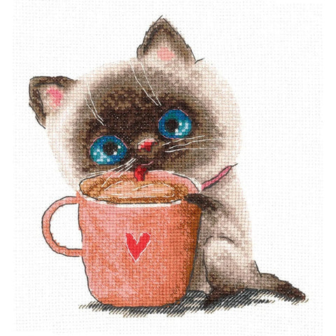 Coffee and Cat Cross Stitch Embroidery Kit, Beginner-Friendly Pattern, Aida Fabric, Threads, Needle & Instructions, Andriana