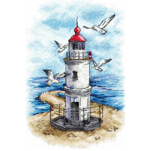 Cross Stitch Embroidery Kit with Lighthouse Seaside Landscape, Beginner-Friendly, Aida Fabric, Cotton Threads, Andriana