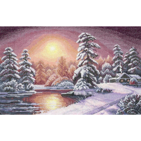 Winter Dawn Cross Stitch Kit, Peaceful Winter Landscape, Canvas, Cotton Threads, Needle, Pattern and Instructions by Andriana